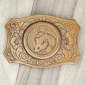 Vintage Brass Belt Buckle Horse Head & Flowers Womens Cowgirl